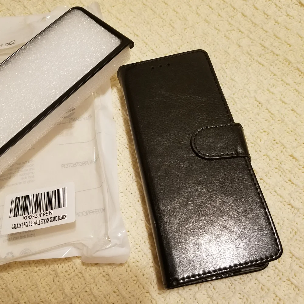 Black Samsung Galaxy Z Fold 3 Case, Wallet Pouch Cover Kickstand Credit Card Slo